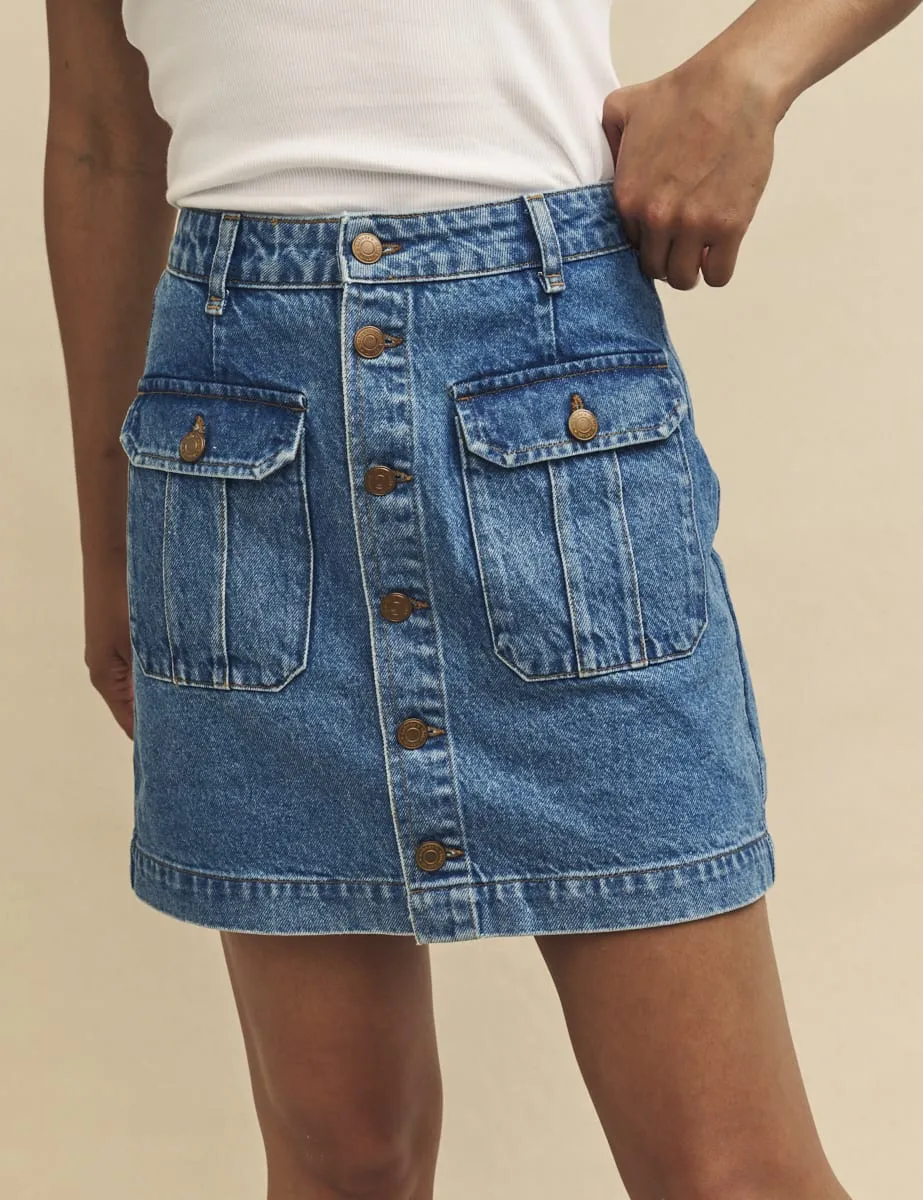 Blue Mid Wash Denim Button-Up Mini Skirt sold by Nobody's Child