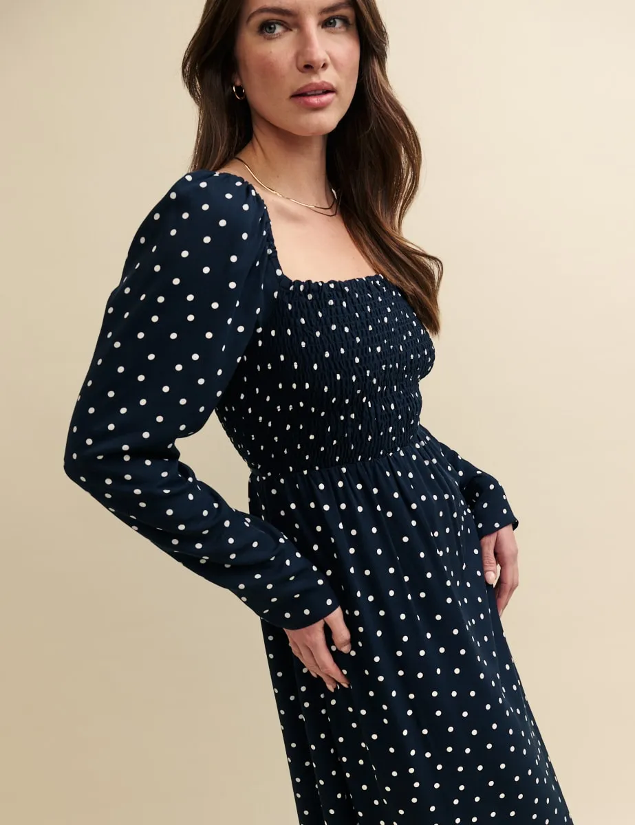 Black Spot Print Shirred Bodice Liberty Midi Dress sold by Nobody's Child product image thumbnail 3