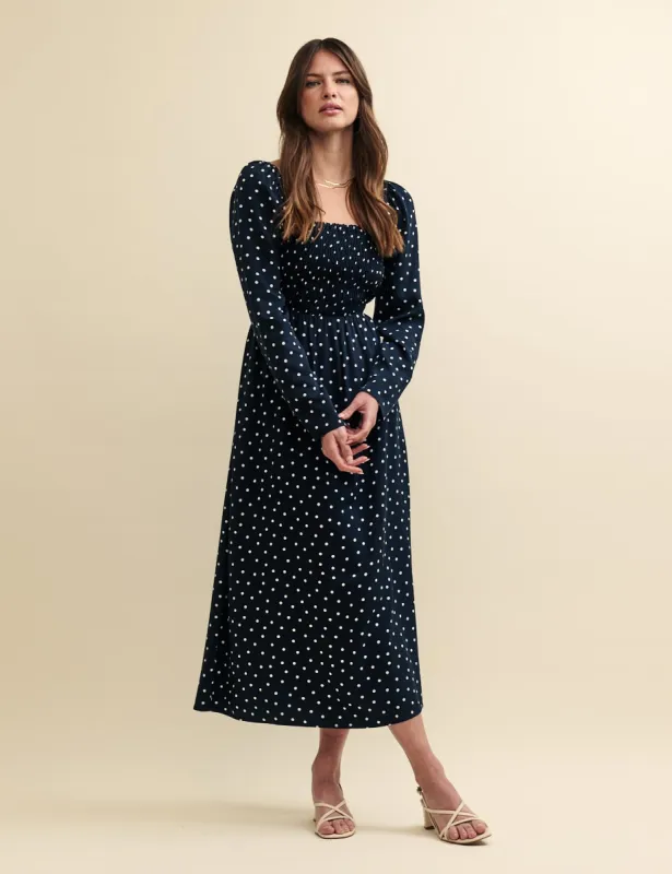 Black Spot Print Shirred Bodice Liberty Midi Dress made by Nobody's Child
