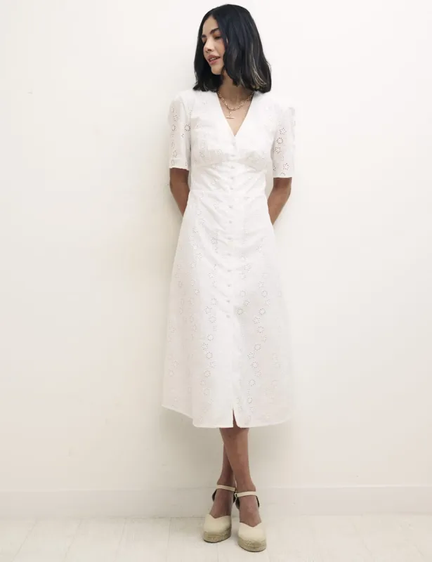 White Alexa Broderie Midi Dress sold by Nobody's Child