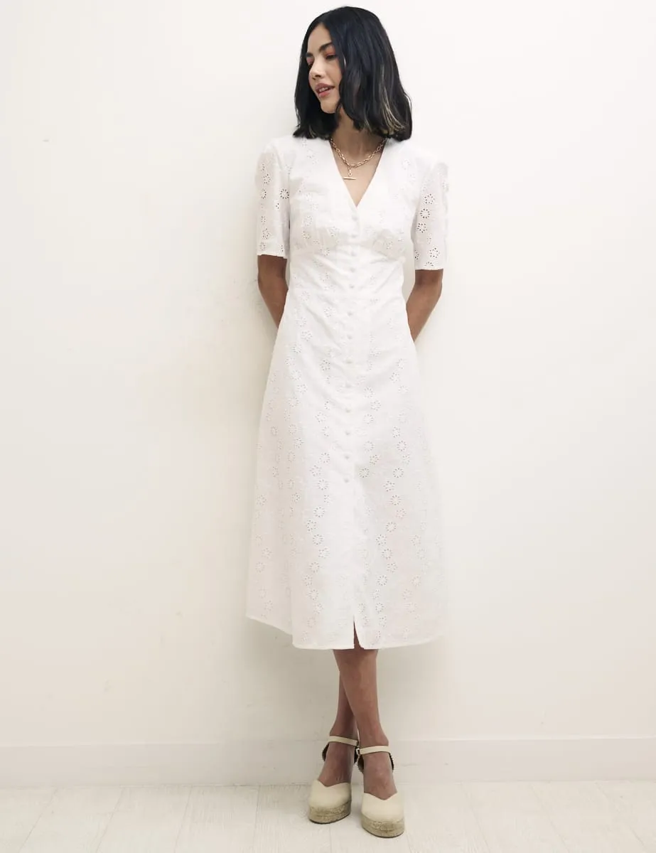 White Alexa Broderie Midi Dress sold by Nobody's Child