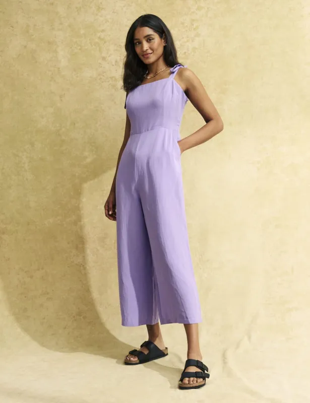 Purple Linen-blend Tie Shoulder Meg Jumpsuit sold by Nobody's Child