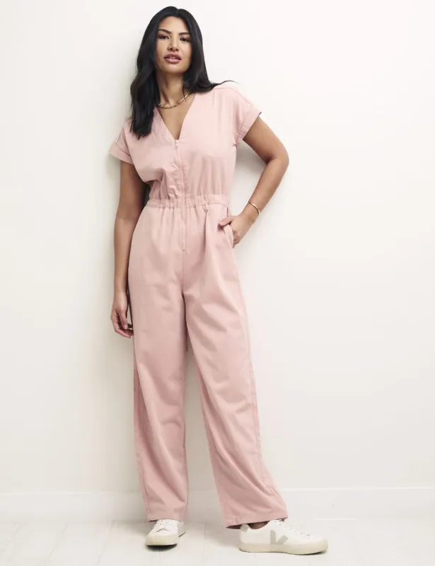Pink V-Neck Zip Front Cosmos Jumpsuit sold by Nobody's Child