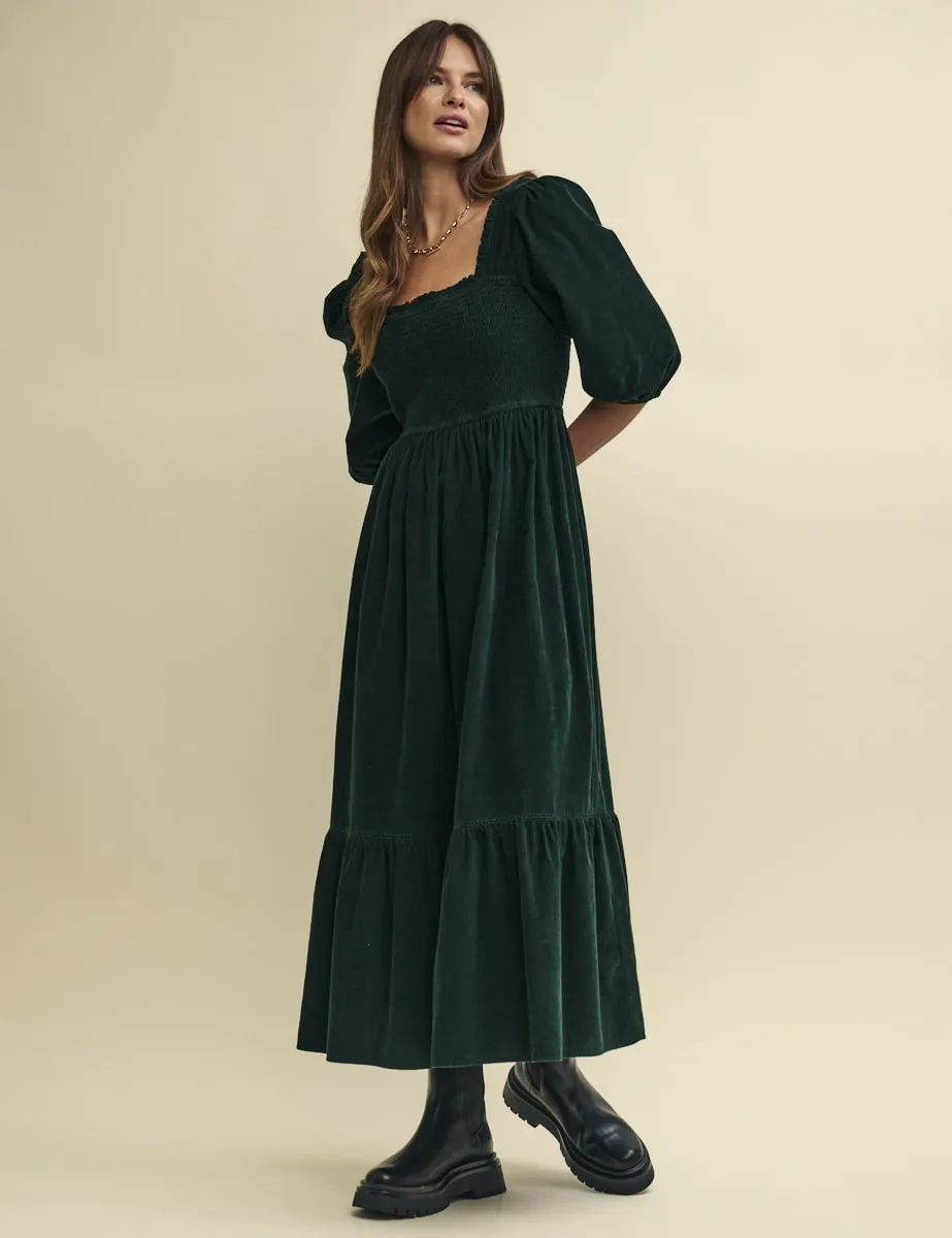 Green Cord Smock Elsa Midi Dress sold by Nobody's Child