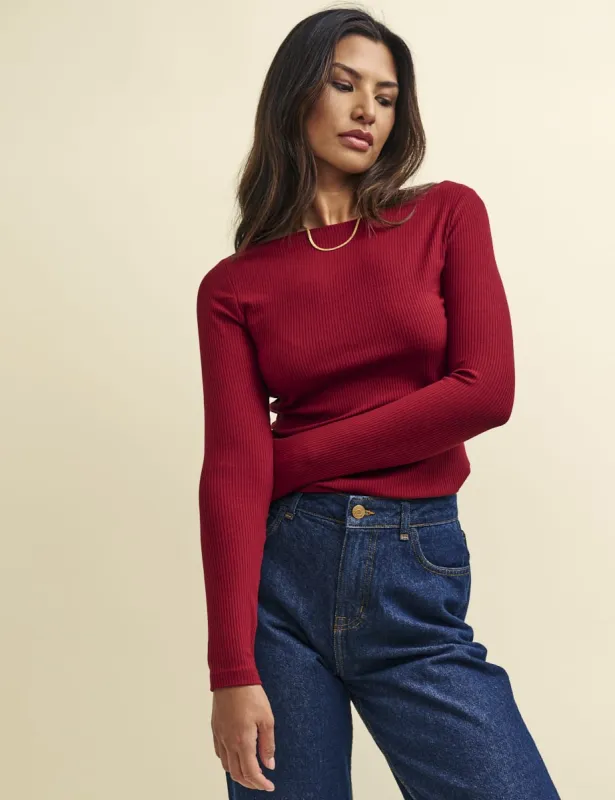 Dark Red Long Sleeve Slash Neck Top sold by Nobody's Child