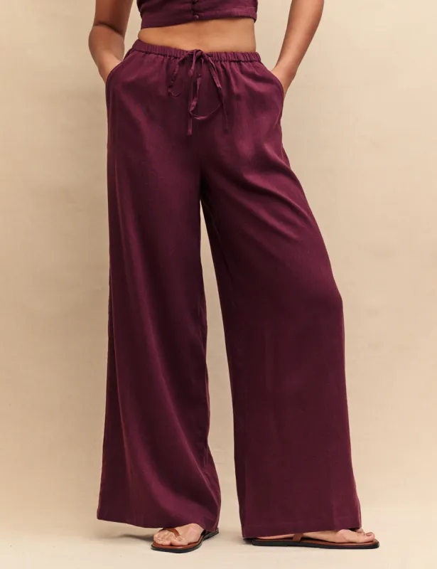 Plum Linen-blend Drawstring Trousers sold by Nobody's Child