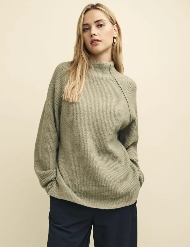Sage Green Funnel Neck Longline Knitted Jumper sold by Nobody's Child