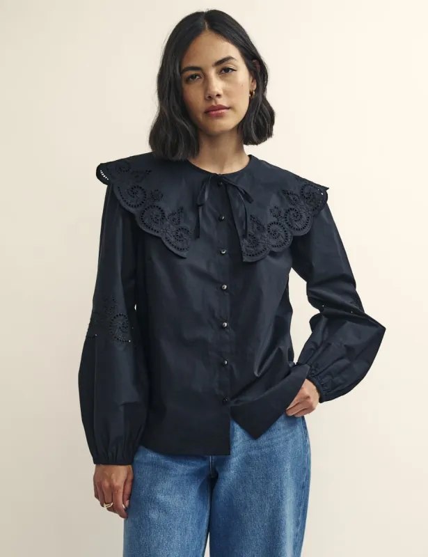Black Broderie Collar Detail Shirt sold by Nobody's Child