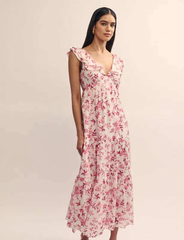 Pink Floral Harpriya Tiered Midi Dress sold by Nobody's Child