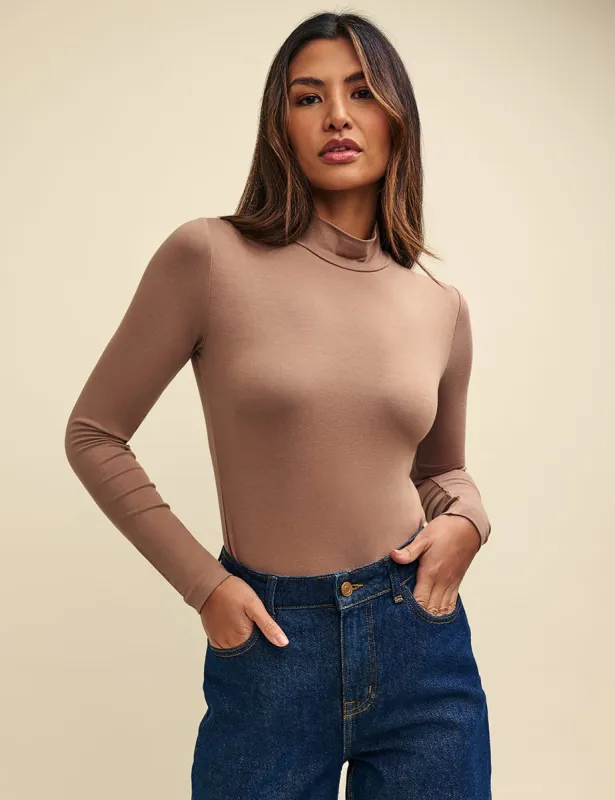 Brown Funnel Neck Long Sleeve Jersey Top sold by Nobody's Child