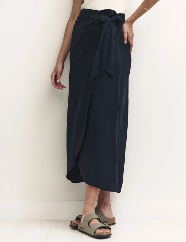 Black Linen-blend Wrap Midi Skirt sold by Nobody's Child