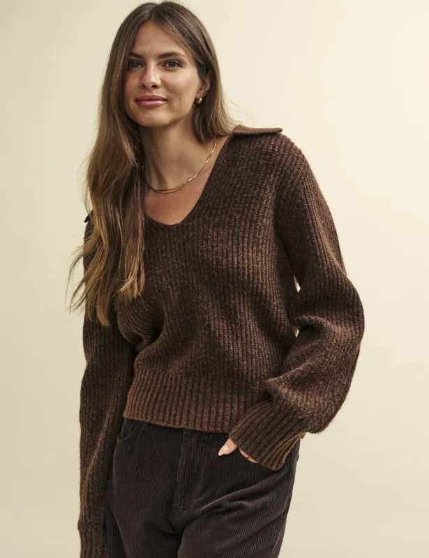 Brown Open Collar Chunky Knitted Jumper sold by Nobody's Child