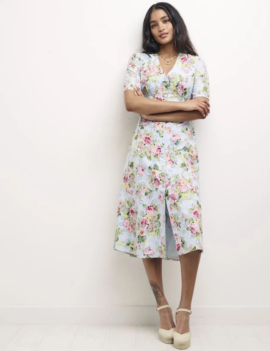 Blue Floral Alexa Broderie Anglaise Midi Tea Dress sold by Nobody's Child