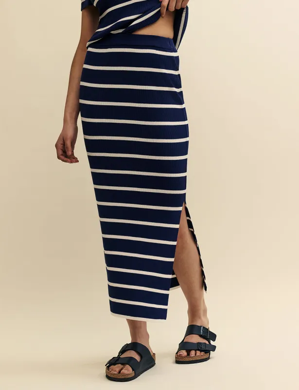 Navy Striped Slit Leg Midi Skirt sold by Nobody's Child