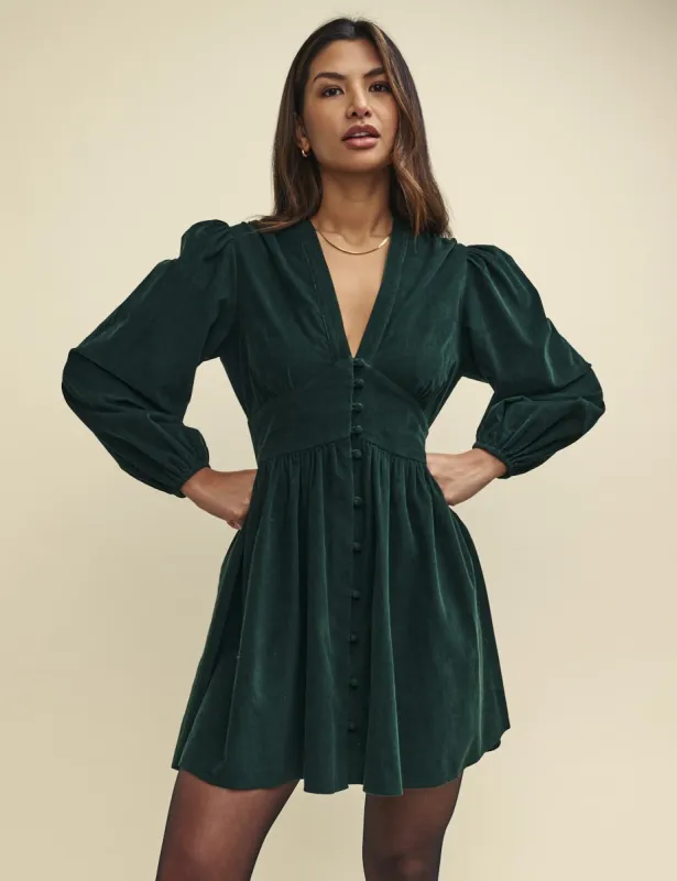 Green Cord Starlight Long Sleeve Mini Dress sold by Nobody's Child