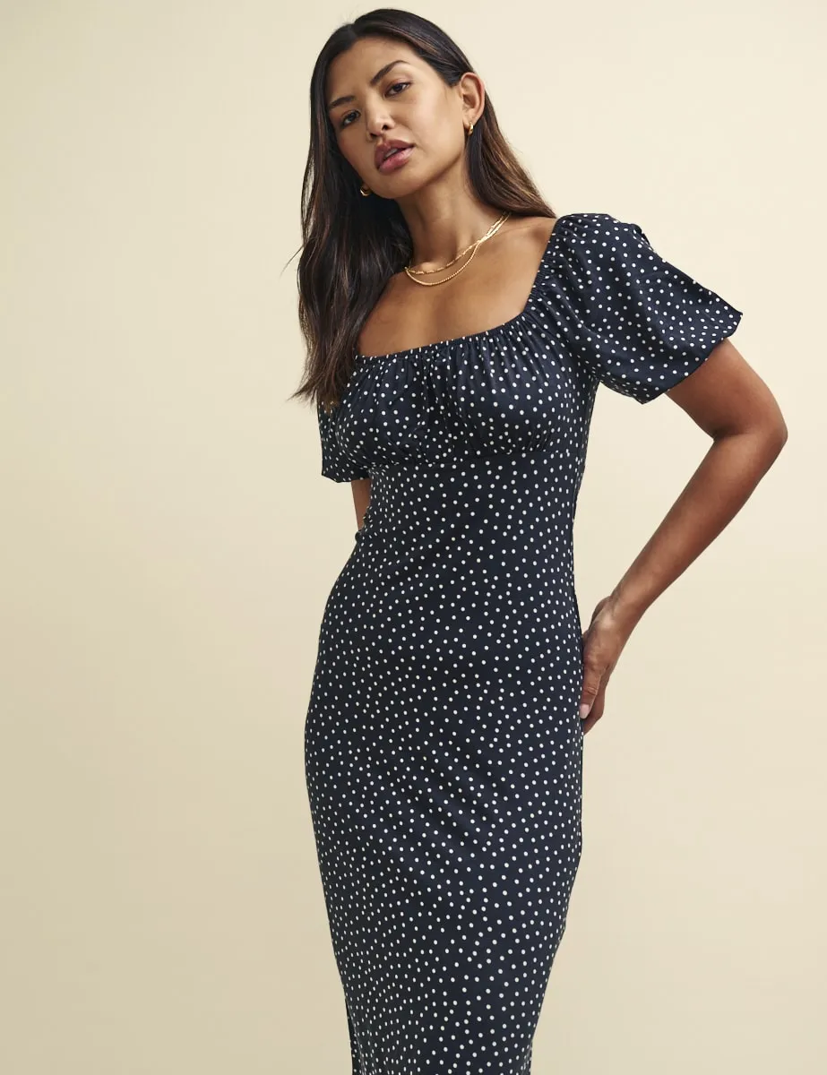Black Spot Print Ruched Bodice Oregon Jersey Midi Dress sold by Nobody's Child product image thumbnail 3