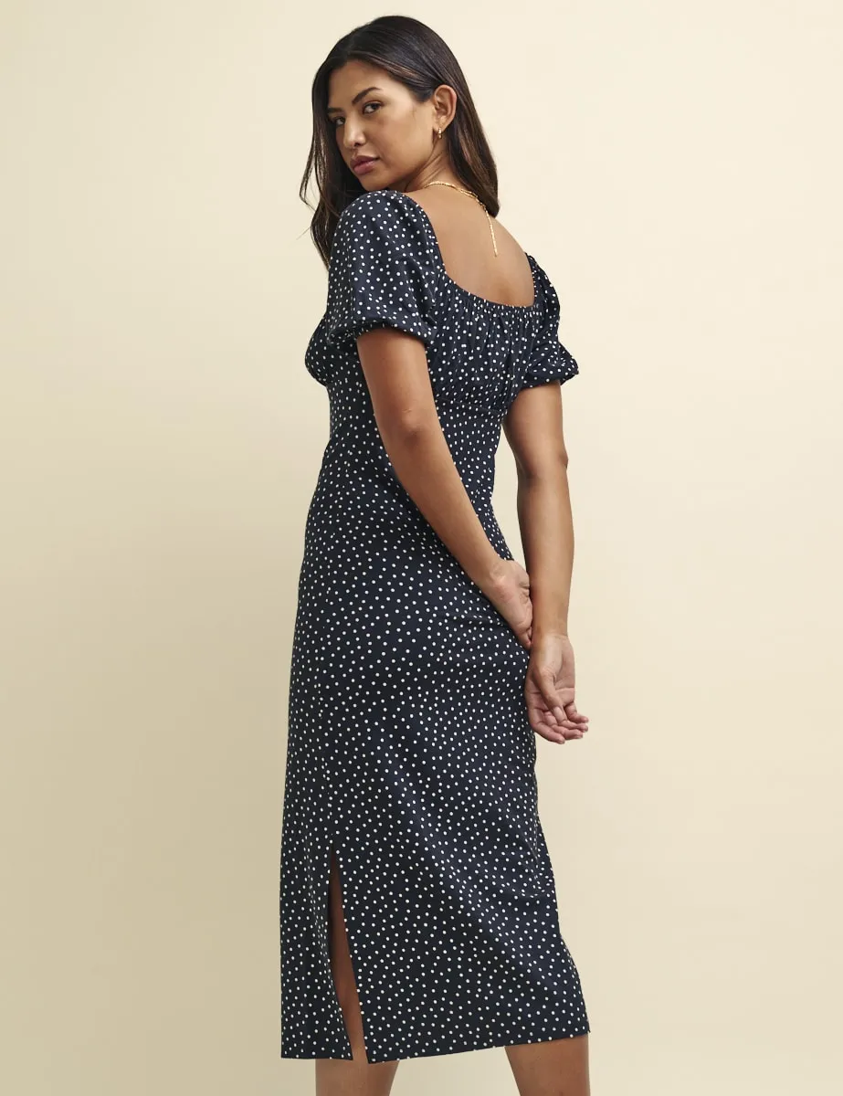 Black Spot Print Ruched Bodice Oregon Jersey Midi Dress sold by Nobody's Child product image thumbnail 2