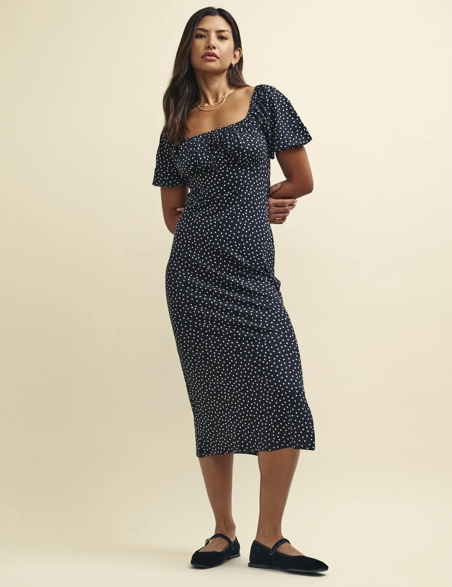 Black Spot Print Ruched Bodice Oregon Jersey Midi Dress sold by Nobody's Child