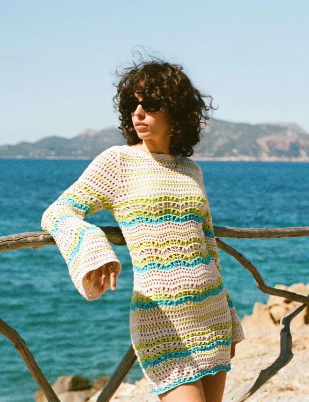 Chevron Mock-Crochet Knitted Long Sleeve Mini Dress sold by Nobody's Child