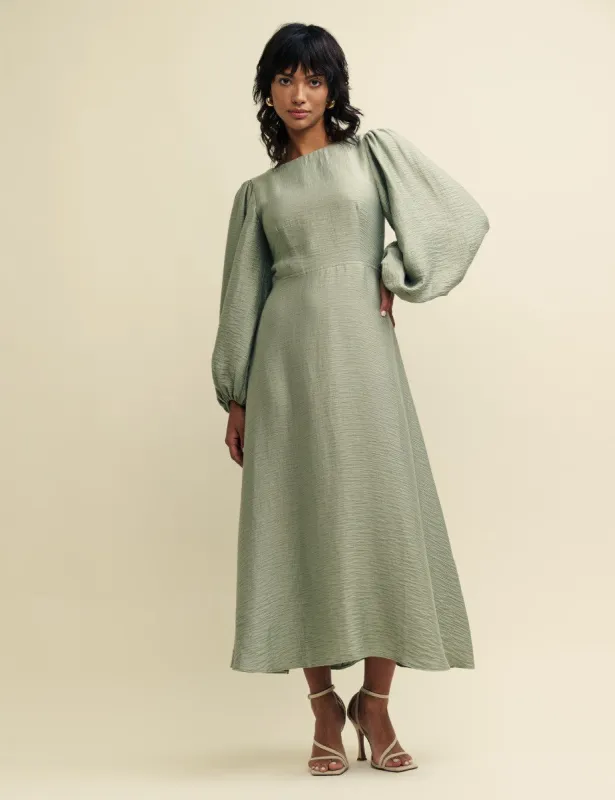 Sage Green Linen-blend Balloon Sleeve Zola Midaxi Dress sold by Nobody's Child