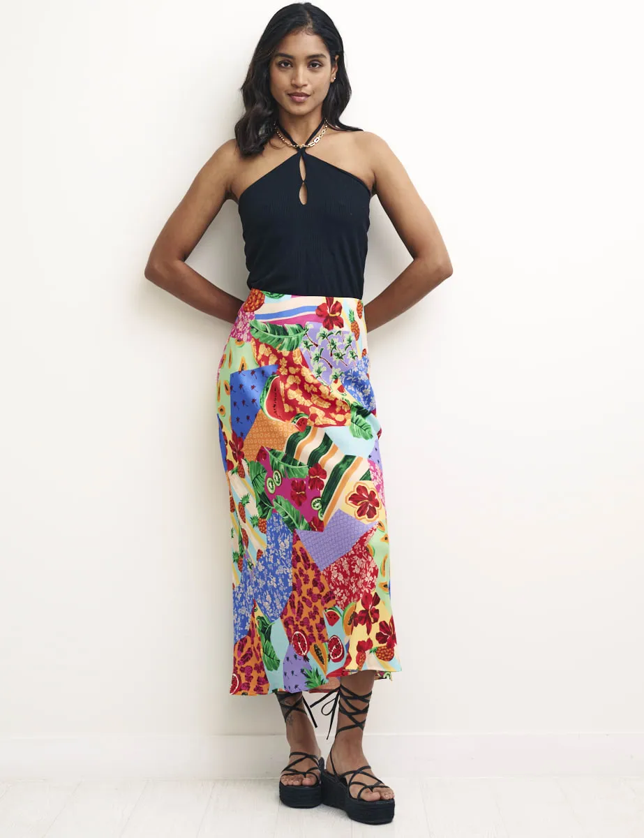 Fruit Patchwork Print Mila Satin Slip Midi Skirt sold by Nobody's Child product image thumbnail 2