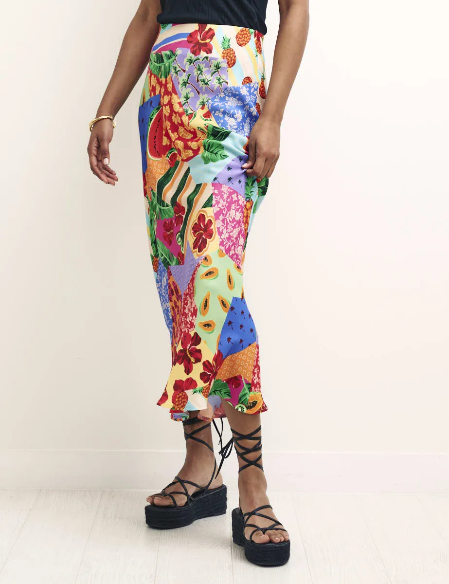 Fruit Patchwork Print Mila Satin Slip Midi Skirt sold by Nobody's Child