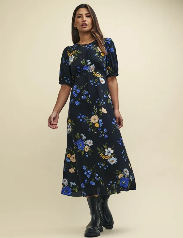 Petite Black Floral Puff Sleeve Bonnie Midi Dress sold by Nobody's Child
