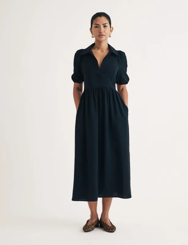 Black Open Collar Hebe Midi Dress sold by Nobody's Child