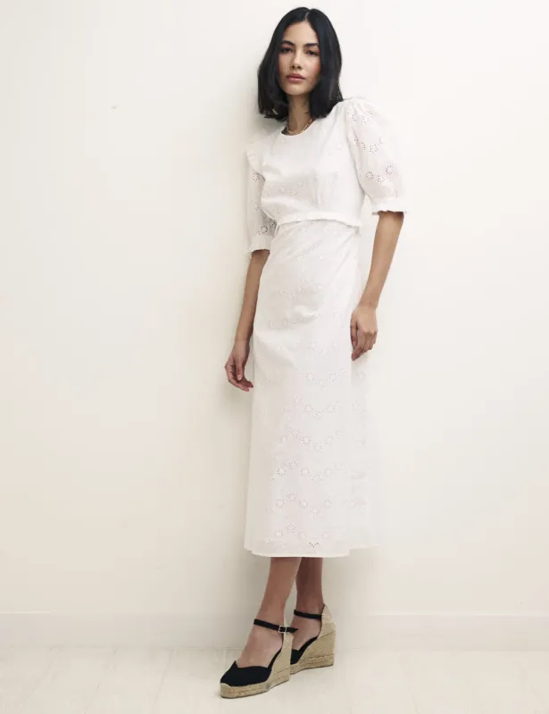 White Broderie Felicia Midi Dress sold by Nobody's Child