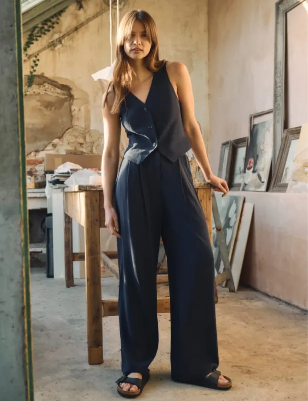 Navy Linen-blend Relaxed Tailored Trousers sold by Nobody's Child