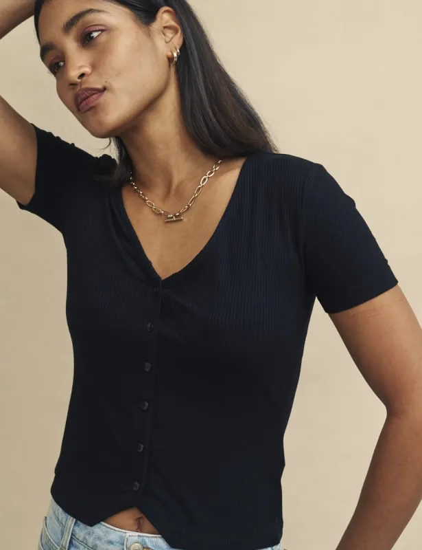 Black V-Neck Button Detail Short Sleeve Top sold by Nobody's Child