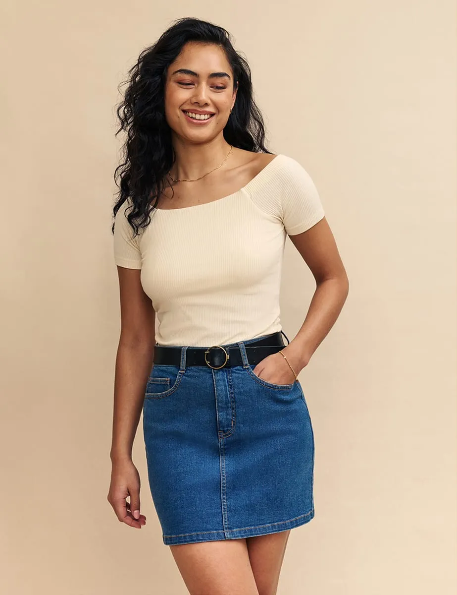 Cream Short Sleeve Ribbed Bardot Top sold by Nobody's Child