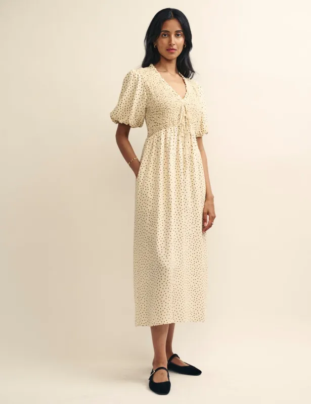 Cream Spot Shirred Bodice Leiza Midi Dress sold by Nobody's Child