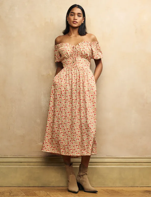 Cream Rose Print Genevieve Bardot Midi Dress sold by Nobody's Child