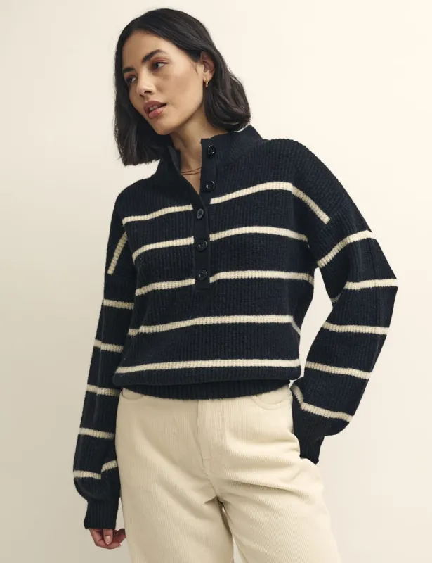 Black Stripe Knitted Half Button Funnel Neck Jumper sold by Nobody's Child
