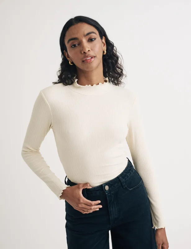 Cream Ribbed Funnel Neck Long Sleeve Top sold by Nobody's Child