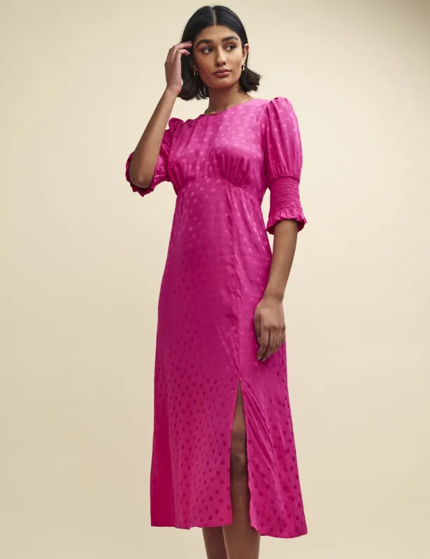 Pink Satin Jacquard Luna Midi Dress made by Nobody's Child