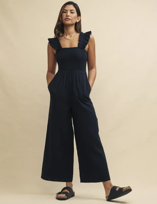 Black Frill Sleeve Shirred Maya Jumpsuit sold by Nobody's Child