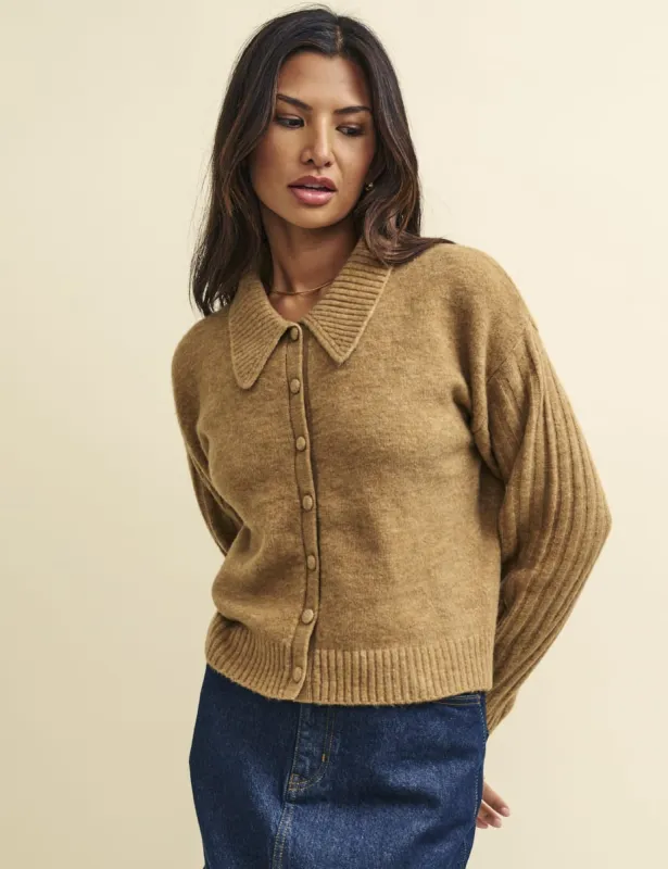 Camel Collared Knitted Cardigan made by Nobody's Child