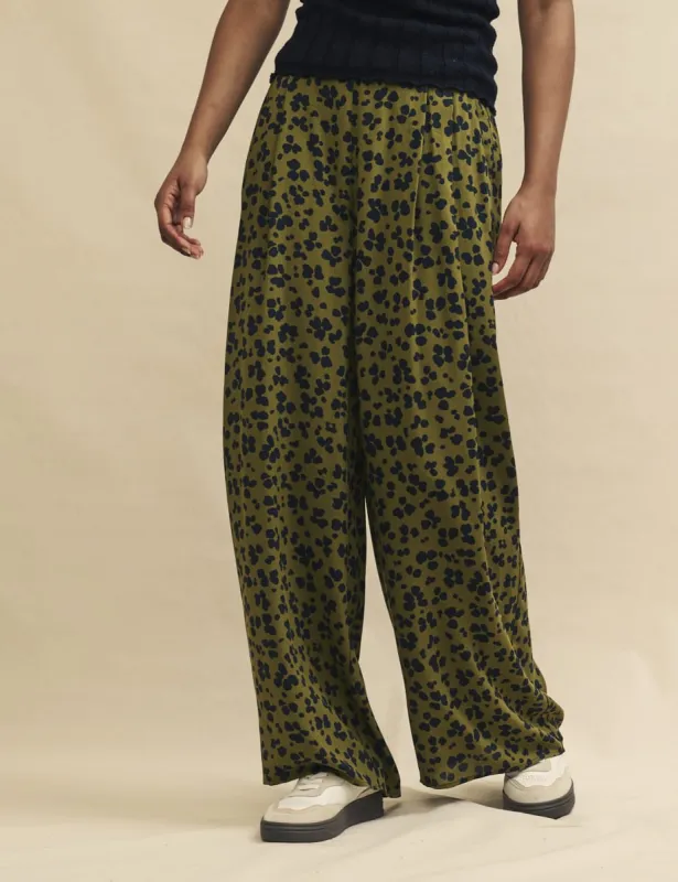 Green Animal Print Full Length Wide Leg Zeena Trousers sold by Nobody's Child