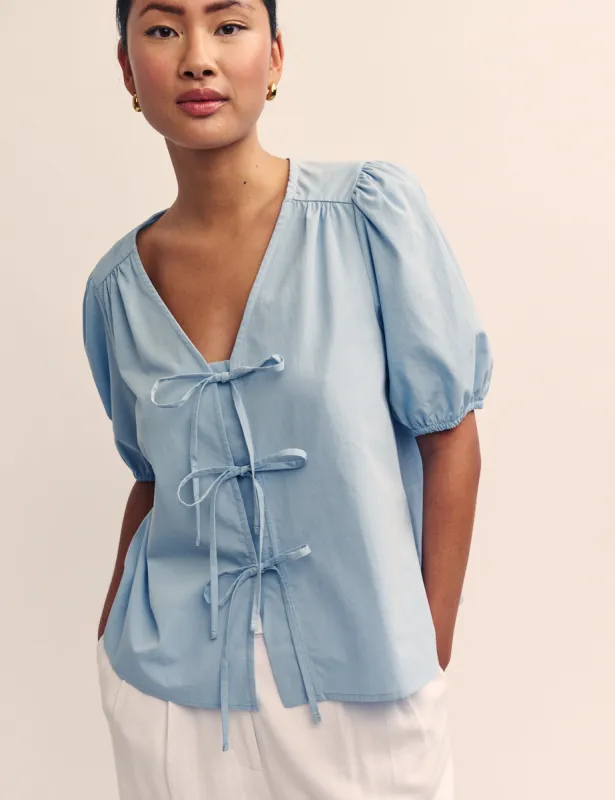 Blue Tie Front Bernadetta Blouse sold by Nobody's Child