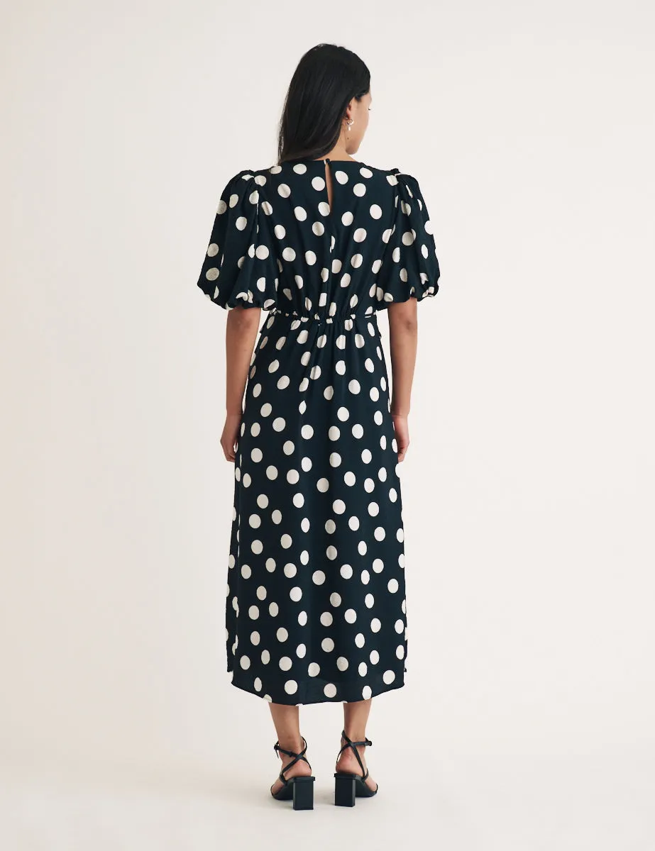 Black Polka Dot Puff Sleeve Thora Midi Dress sold by Nobody's Child product image thumbnail 4