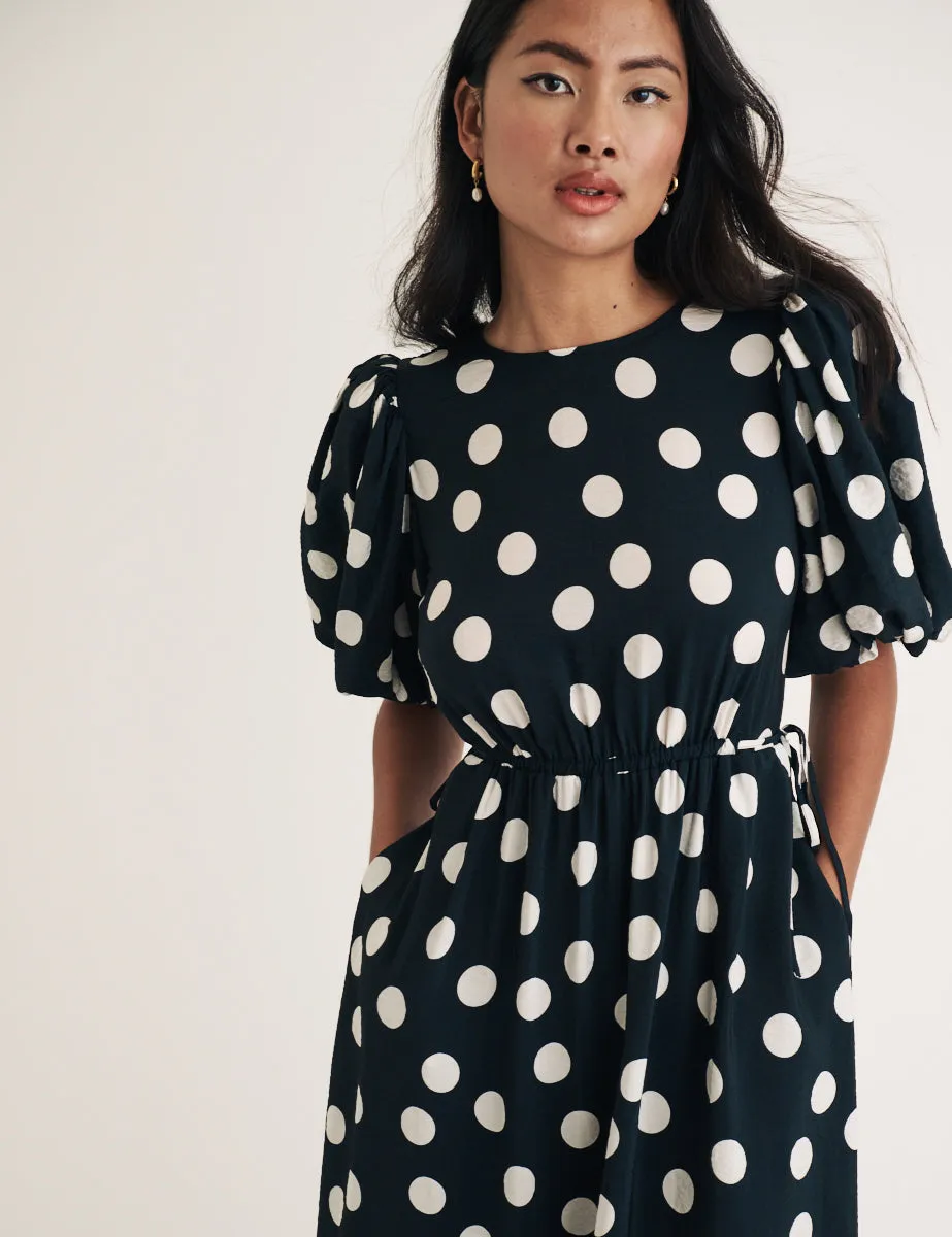 Black Polka Dot Puff Sleeve Thora Midi Dress sold by Nobody's Child product image thumbnail 2