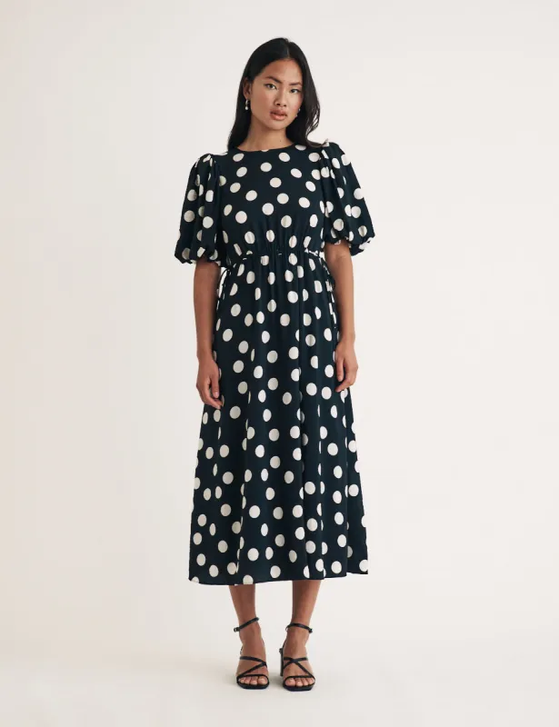 Black Polka Dot Puff Sleeve Thora Midi Dress sold by Nobody's Child