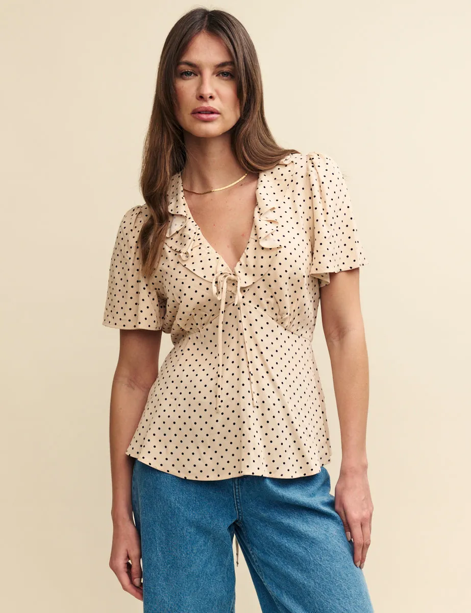 Cream Spot Ruffle Blouse sold by Nobody's Child
