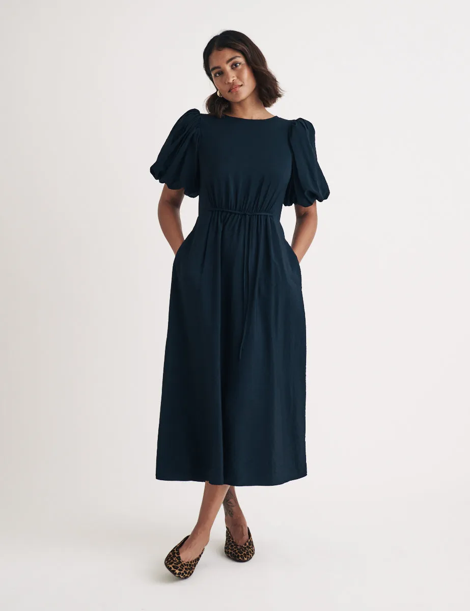 Black Puff Sleeve Thora Midi Dress sold by Nobody's Child