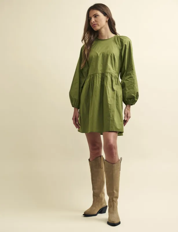 Khaki Green Long Sleeve Issy Smock Mini Dress sold by Nobody's Child