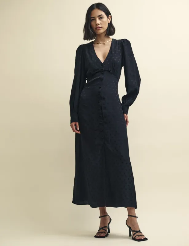 Black Satin Spot Jacquard Tasha Midi Dress sold by Nobody's Child