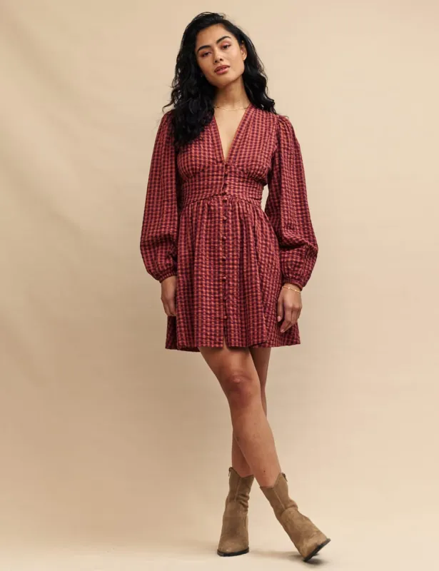 Brown Gingham Starlight Long Sleeve Mini Dress made by Nobody's Child