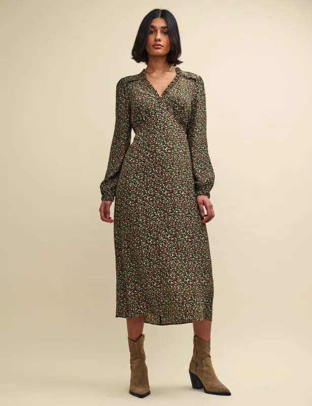 Green Floral Balloon Sleeve Daphne Midi Dress sold by Nobody's Child